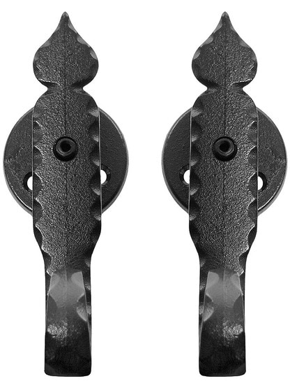 Alternate View of Pair of Cast Iron Spear Tip Shutter Dogs - Post Mounted.