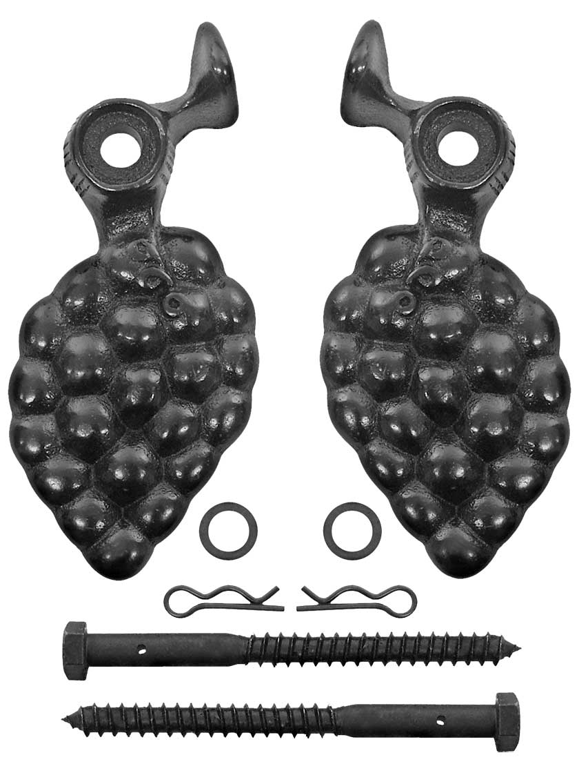 Alternate View 2 of Pair of Large Cast Iron Grape Design Shutter Dogs - Lag Mounted.