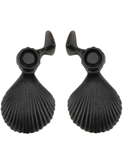 Alternate View of Pair of Large Cast Iron Scallop Shell Tie Backs - Lag Mounted.