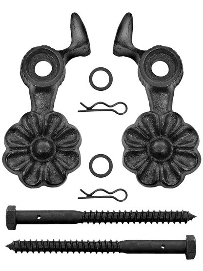 Alternate View 2 of Pair of Cast Iron Sun Flower Shutter Dogs - Lag Mounted.