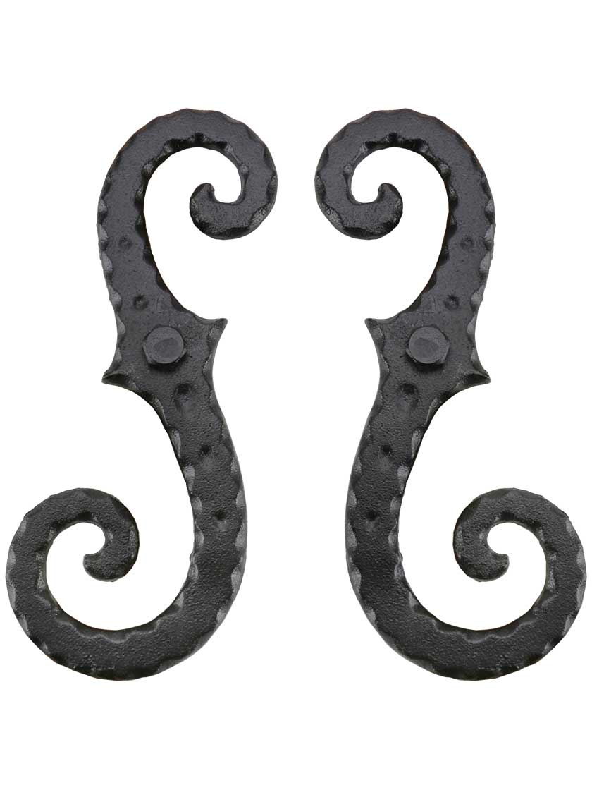Alternate View of Pair of Large Iron Scroll Shutter Dogs Lag Mounted