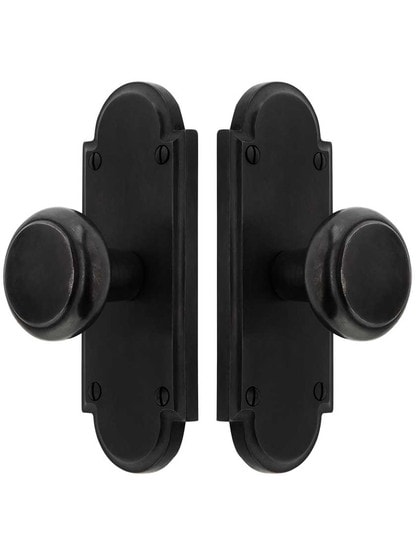 Alternate View of Solid Bronze Arched-Plate Door Set with Newport Knobs.
