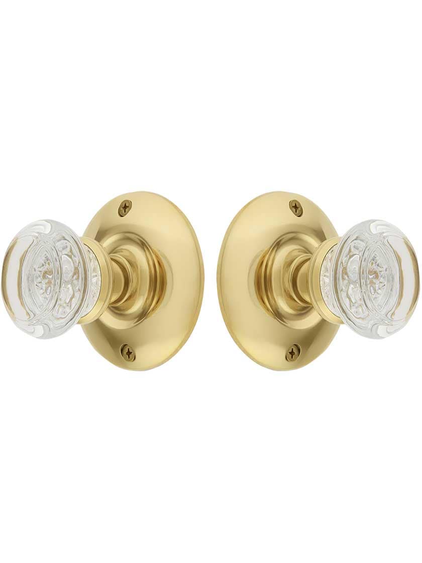 Alternate View of Large Brass Rosette Door Set with Round Glass Knobs.