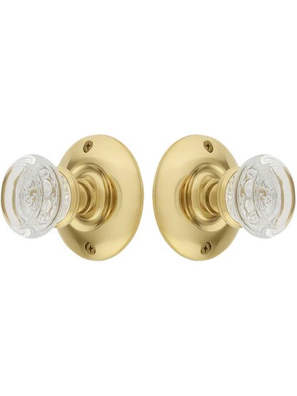Alternate View of Large Brass Rosette Door Set with Round Glass Knobs.