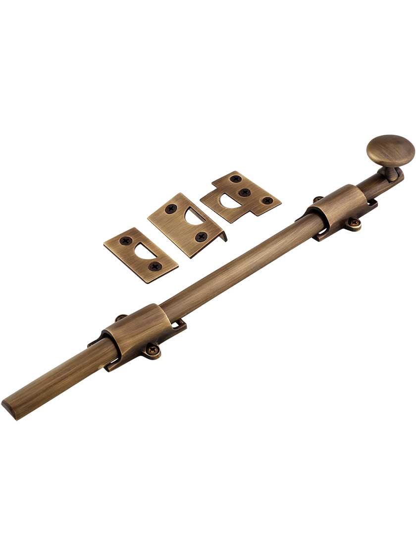 12-Inch Traditional Style Solid Brass Surface Bolt in Antique-By-Hand.