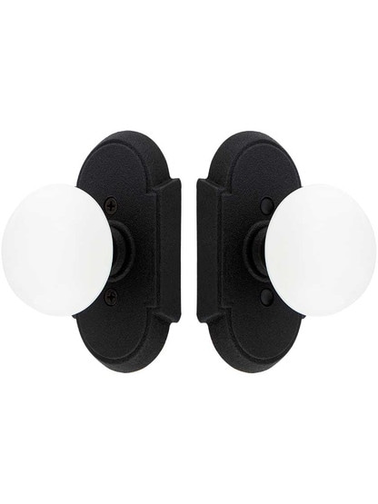 Alternate View of Wrought Steel Arched Rosettes With White Porcelain Knobs