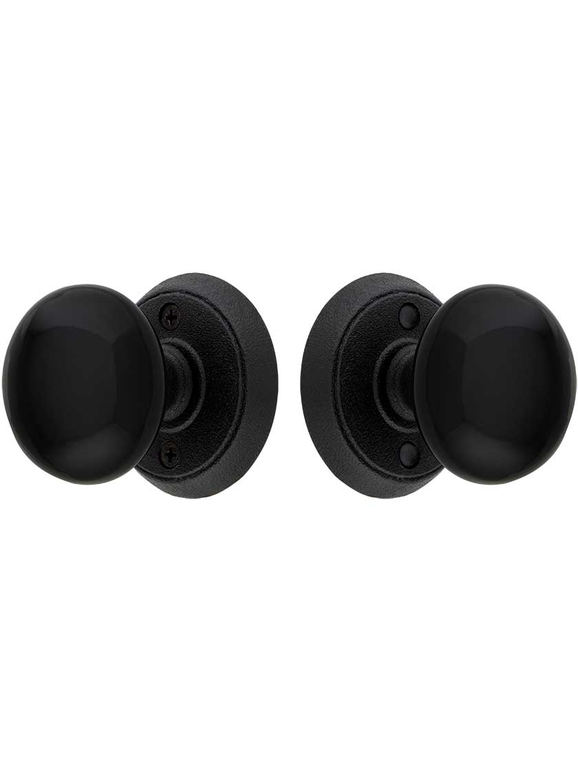 Wrought Steel Rosettes With Black Porcelain Door Knobs House of