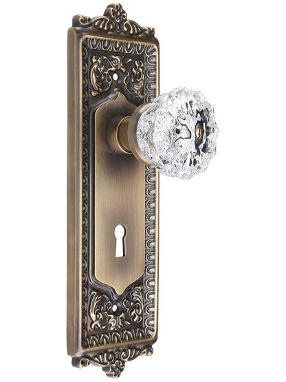 Egg and Dart Door Set with Fluted-Crystal Glass Knobs and Keyhole in Antique-By-Hand.