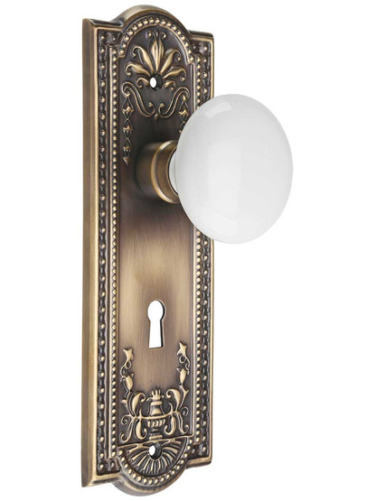Meadows Door Set with White Porcelain Knobs and Keyhole in Antique-By-Hand.