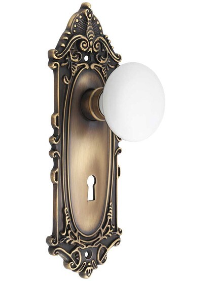 Largo Door Set with White Porcelain Knobs and Keyhole in Antique-By-Hand.