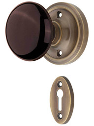 Classic Rosette Mortise-Lock Set with Brown Porcelain Knobs in Antique-By-Hand