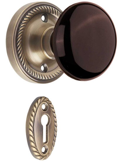 Rope Rosette Mortise-Lock Set with Brown Porcelain Knobs in Antique-By-Hand.