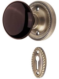 Rope Rosette Mortise-Lock Set with Brown Porcelain Knobs in Antique-By-Hand