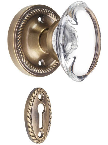 Rope Rosette Mortise-Lock Set with Oval Crystal Glass Knobs in Antique-By-Hand.