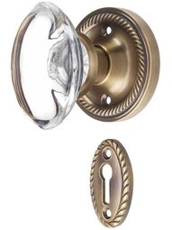Rope Rosette Mortise-Lock Set with Oval Crystal Glass Knobs in Antique-By-Hand.