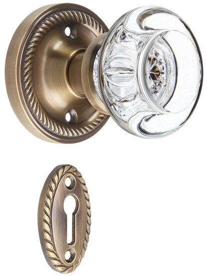 Rope Rosette Mortise-Lock Set with Round Clear Crystal Knobs in Antique-By-Hand.