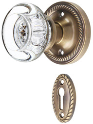 Rope Rosette Mortise-Lock Set with Round Clear Crystal Knobs in Antique-By-Hand.