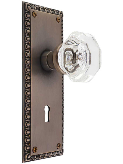 Ovolo Mortise-Lock Set with Waldorf Crystal Glass Knobs and Keyhole in Antique-by-Hand