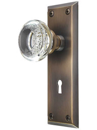 New York Mortise-Lock Set with Ovolo Crystal-Glass Knobs in Antique-By-Hand.