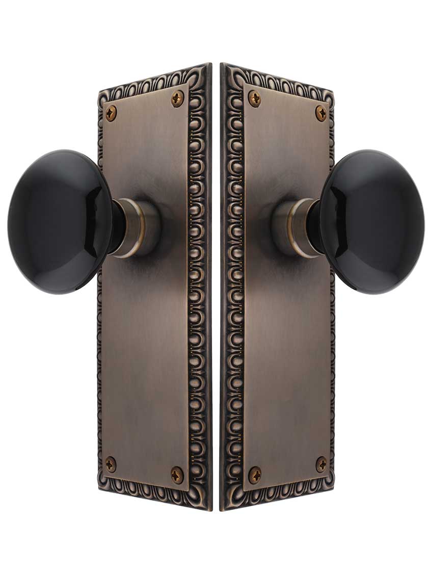 Alternate View of Ovolo Door Set with Black Porcelain Knobs in Antique-by-Hand.