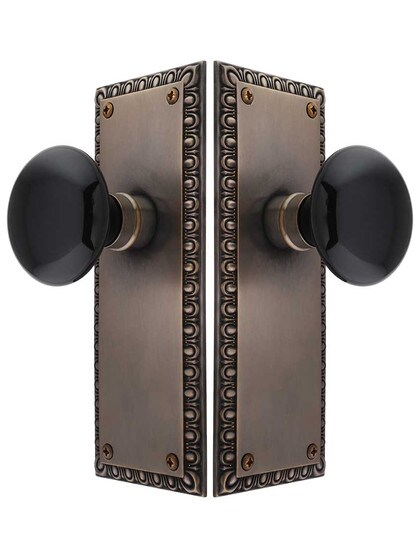 Alternate View of Ovolo Door Set with Black Porcelain Knobs in Antique-by-Hand.