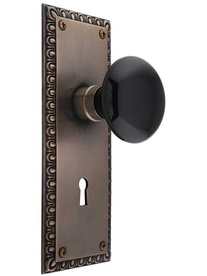 Ovolo Door Set with Black Porcelain Knobs and Keyhole in Antique-by-Hand.