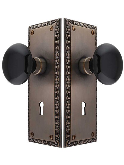 Alternate View of Ovolo Door Set with Black Porcelain Knobs and Keyhole in Antique-by-Hand.