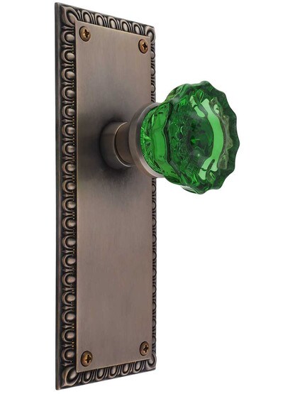 Ovolo Door Set with Colored Fluted Crystal Glass Knobs in Antique-by-Hand, , Emerald Crystal.