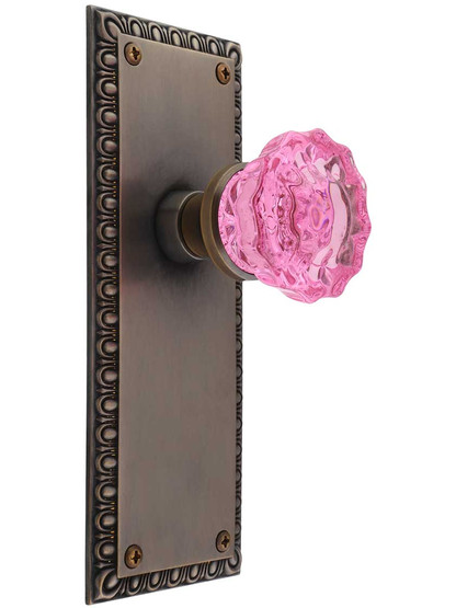 Ovolo Door Set with Colored Fluted Crystal Glass Knobs in Antique-by-Hand, , Pink Crystal.