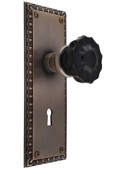 Ovolo Door Set with Colored Fluted Crystal Glass Knobs and Keyhole in Antique-by-Hand, , Black Crystal.