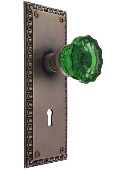 Ovolo Door Set with Colored Fluted Crystal Glass Knobs and Keyhole in Antique-by-Hand, , Emerald Crystal.