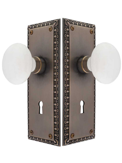 Alternate View of Ovolo Door Set with White Porcelain Knobs and Keyhole in Antique-by-Hand.