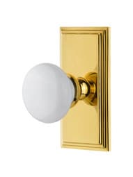 Grandeur Carre Rosette Door Set with Hyde Park White Porcelain Knobs.
