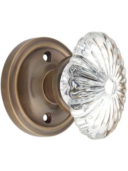 Classic Rosette Door Set with Oval Fluted Crystal Glass Knobs in Antique-By-Hand.