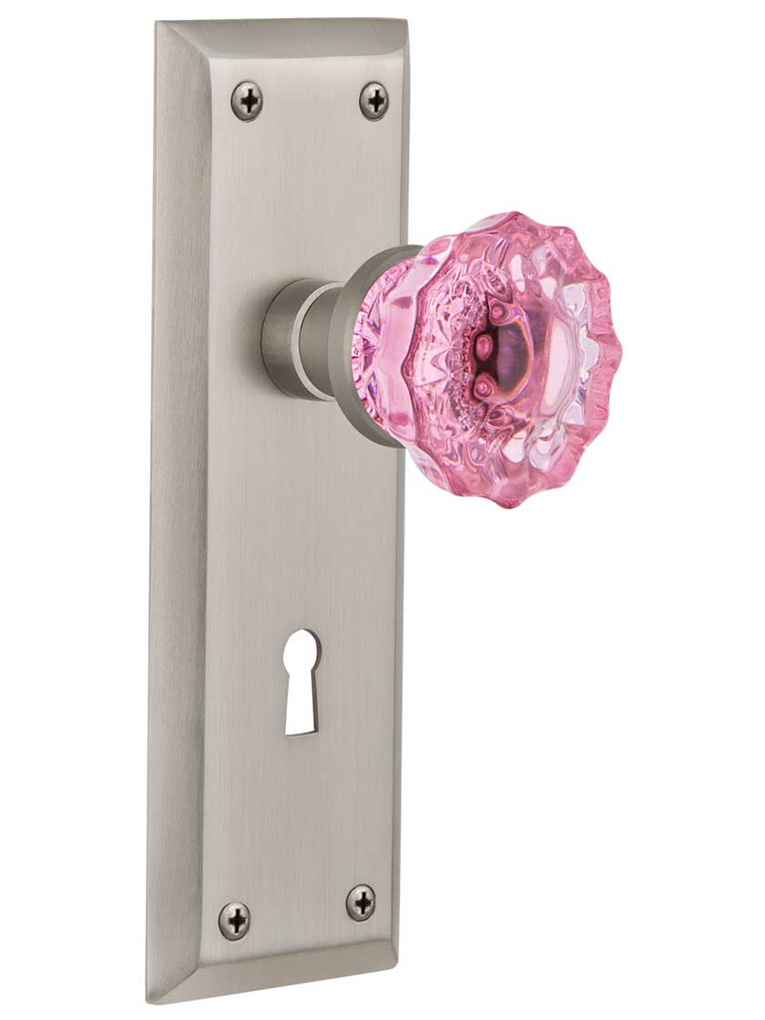 Alternate View 4 of Pair of Pink Fluted Crystal Glass Door Knobs.