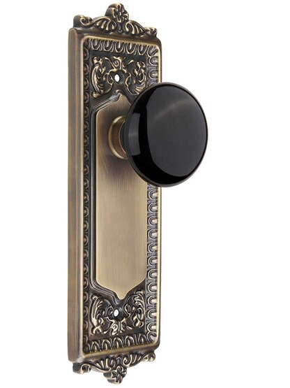 Egg and Dart Door Set with Black Porcelain Knobs in Antique-By-Hand.