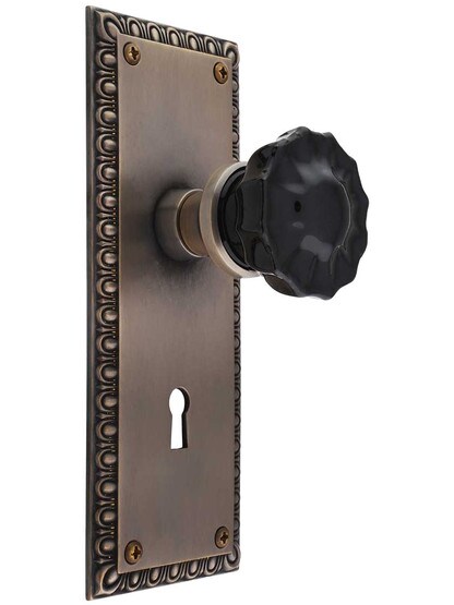Ovolo Mortise-Lock Set with Colored Fluted Crystal Glass Knobs and Keyhole in Antique-by-Hand, Black Crystal.