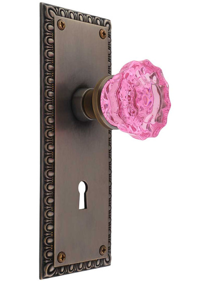 Ovolo Mortise-Lock Set with Colored Fluted Crystal Glass Knobs and Keyhole in Antique-by-Hand, Pink Crystal.