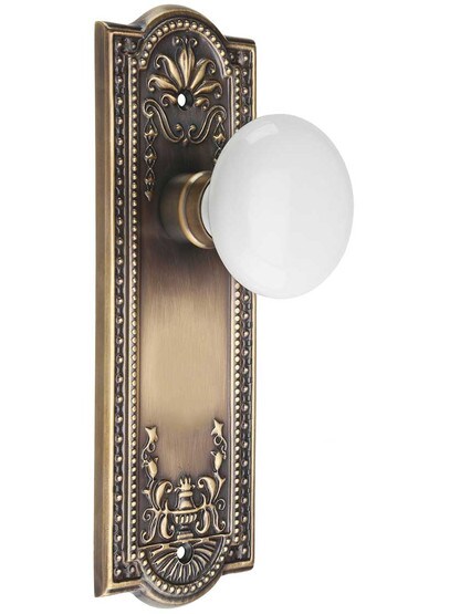 Meadows Door Set with White Porcelain Knobs in Antique-By-Hand.