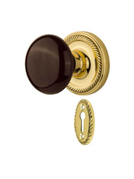 Rope Rosette Mortise-Lock Set with Brown Porcelain Knobs.