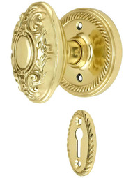 Rope Rosette Mortise Lock Set With Decorative Oval Knobs.