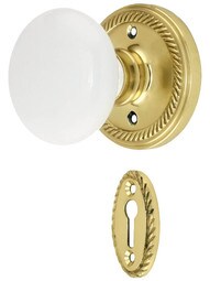 Rope Rosette Mortise Lock Set With White Porcelain Door Knobs