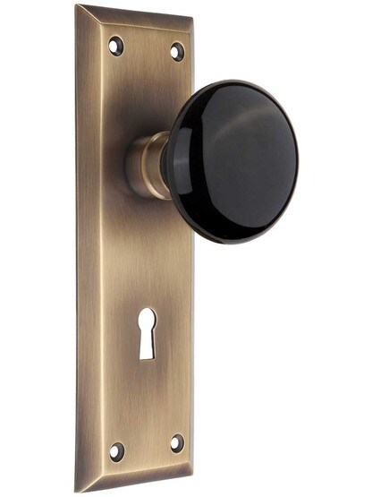 New York Style Door Set with Black Porcelain Knobs and Keyhole in Antique-By-Hand.