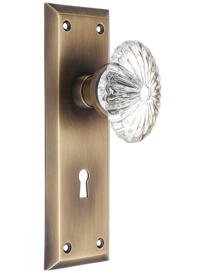 New York Style Door Set with Oval Fluted Crystal Glass Knobs in Antique-By-Hand.