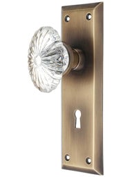 New York Style Door Set with Oval Fluted Crystal Glass Knobs in Antique-By-Hand.