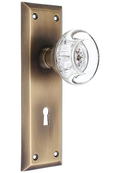 New York Style Door Set with Round Crystal Glass Knobs and in Antique-By-Hand.