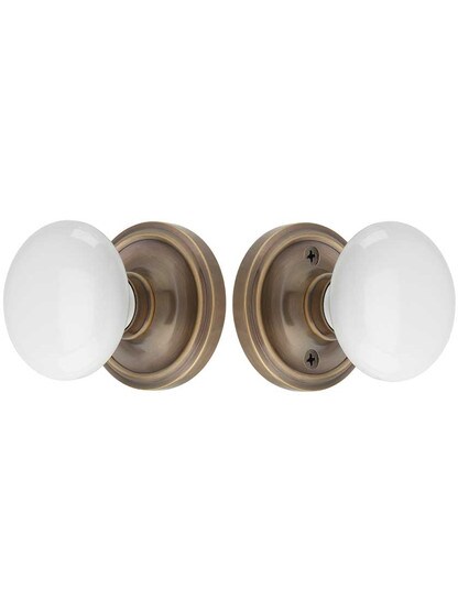 Alternate View of Classic Rosette Door Set with White Porcelain Knobs in Antique-By-Hand.