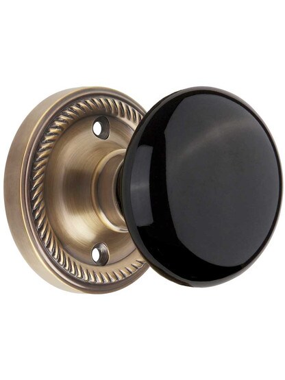 Rope Rosette Door Set with Black Porcelain Knobs in Antique-By-Hand.