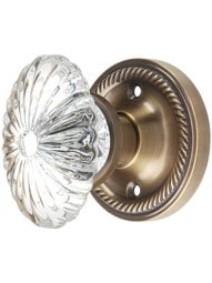 Rope Rosette Door Set with Oval Fluted Crystal Glass Knobs in Antique-By-Hand.