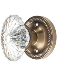 Rope Rosette Door Set with Oval Fluted Crystal Glass Knobs in Antique-By-Hand